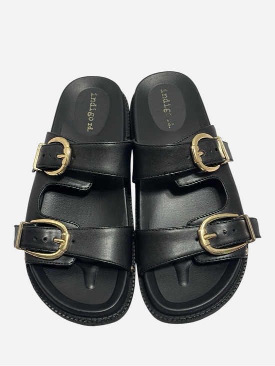 Indigo Shoes - Indigo Rd. Women’s Black Gold Double-Buckle Chunky Slide Sandals Size 6